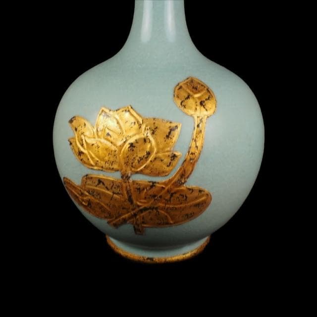 《博古珍藏》宋 汝窯天青釉包金蓮紋弦紋瓶 早期收藏 老件花瓶瓷器 博物館級文物