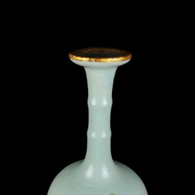 《博古珍藏》宋 汝窯天青釉包金蓮紋弦紋瓶 早期收藏 老件花瓶瓷器 博物館級文物