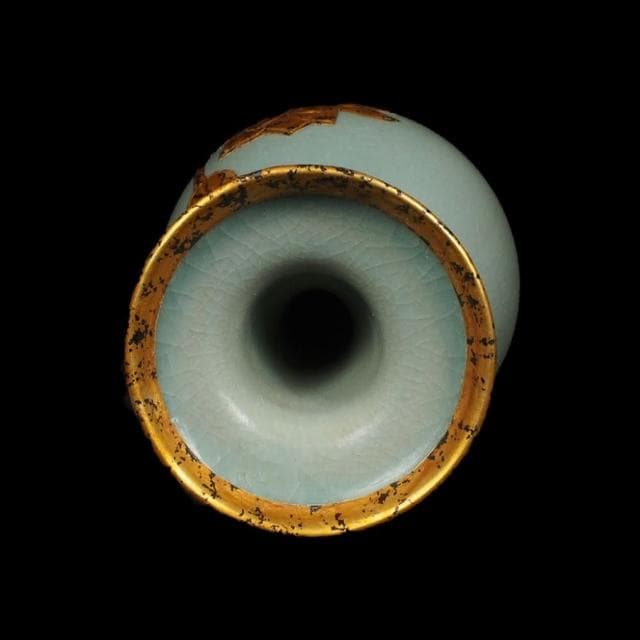 《博古珍藏》宋 汝窯天青釉包金蓮紋弦紋瓶 早期收藏 老件花瓶瓷器 博物館級文物