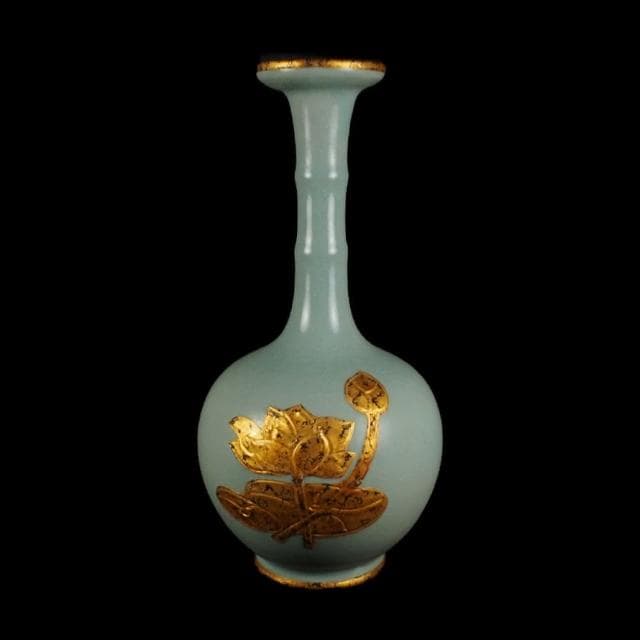 《博古珍藏》宋 汝窯天青釉包金蓮紋弦紋瓶 早期收藏 老件花瓶瓷器 博物館級文物