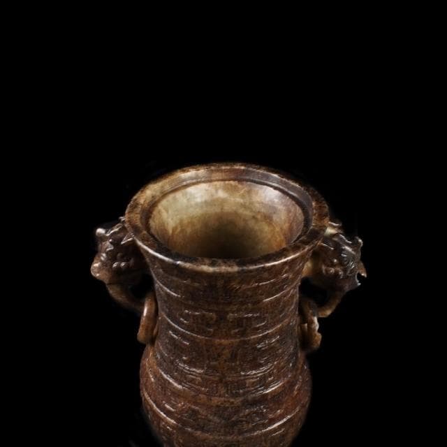 《博古珍藏》漢 天然青黃玉雕雙獸活環耳玉瓶擺件 2.26公斤 老件文物 早期收藏