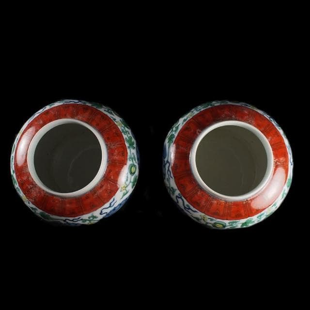 《博古珍藏》明成化 天字款 鬥彩斗彩藤瓜果龍紋蓋罐一對 早期收藏 老件茶葉罐瓷器