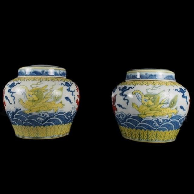 《博古珍藏》明成化 天字款 鬥彩斗彩波濤飛象蓋罐一對 早期收藏 老件茶葉罐瓷器