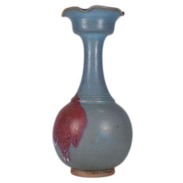 《博古珍藏》元 鈞窯天青釉紫斑花口瓶 早期收藏 老件花瓶瓷器