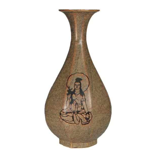 《博古珍藏》宋 吉州窯黃釉觀音菩薩古佛坐像圖玉壺春瓶 早期收藏