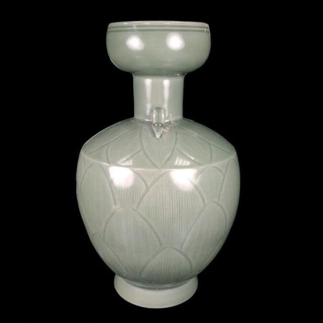 《博古珍藏》五代 越窯秘色瓷刻蓮花紋雙系瓶 早期收藏 花瓶瓷器