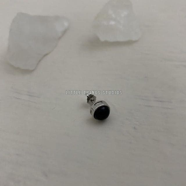 黑曜石礦石耳環 耳釘 圓形 黑色 通體純銀 S925 黑瑪瑙
