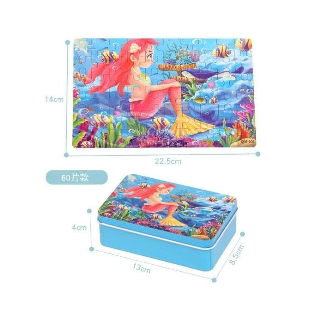 隔日到貨🌈60片兒童益智拼圖 木製鐵盒拼圖 卡通拼圖益智玩具 幼稚園生日分享禮物 美人魚 動物恐龍 交通工具 童話故事