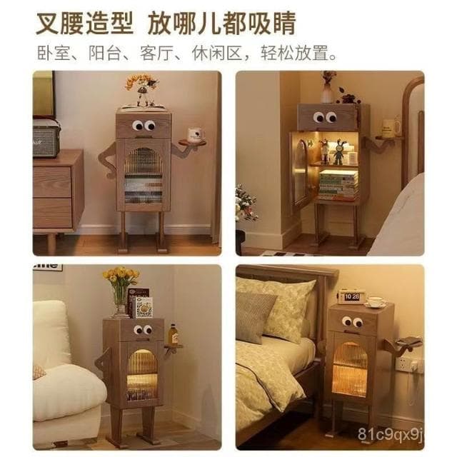 免運 創意木質家具 喬遷禮物 冬木機器人床頭櫃帶燈全實木邊幾側邊櫃客廳電視置物櫃創意床頭櫃 大眼睛叉腰床頭櫃 木邊幾