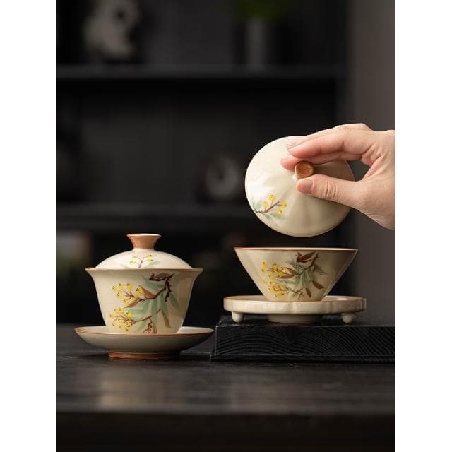 汝窯茶具套裝中式手繪枇杷高檔蓋碗茶杯送領導長輩禮盒裝