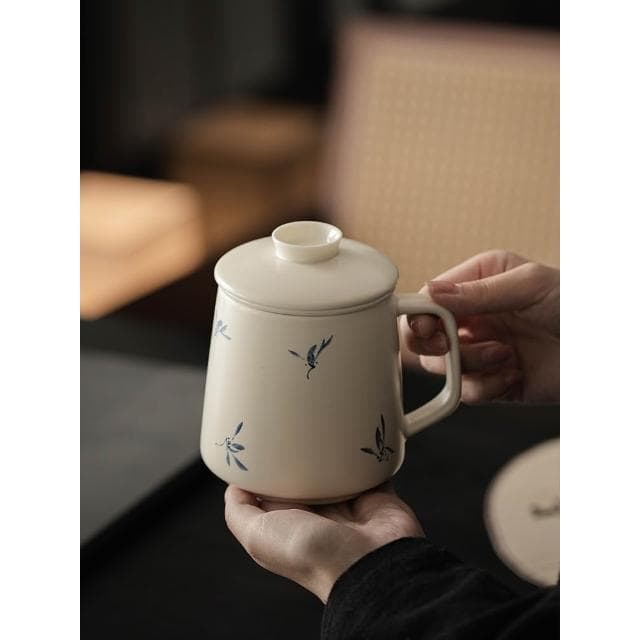 草木灰蝴蝶蘭辦公杯 馬克杯 帶蓋陶瓷茶水分離杯 送長輩客戶禮品定制