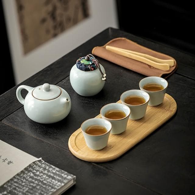 汝窯功夫茶具套裝茶壺茶杯可攜式旅行茶具帶茶盤茶葉罐商務伴手禮