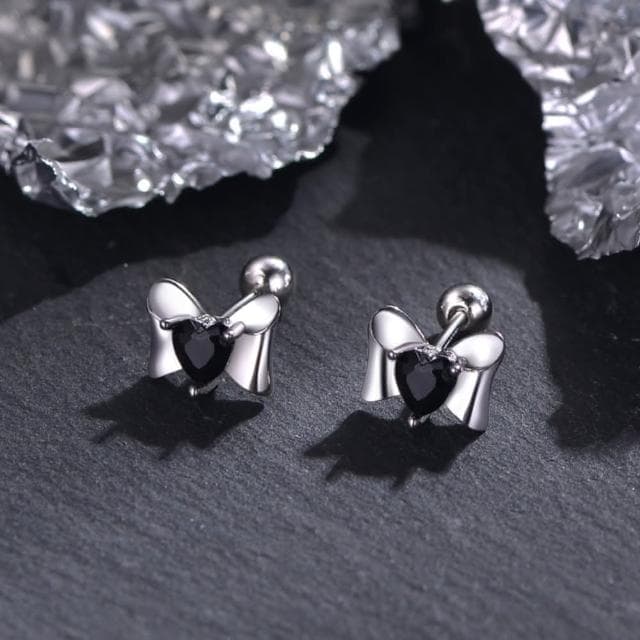 【A&R】s925純銀韓版小巧蝴蝶結黑鋯石轉珠耳環(鎖珠 螺絲耳扣 鎖式 耳骨釘 抗過敏 情人節 生日禮物)