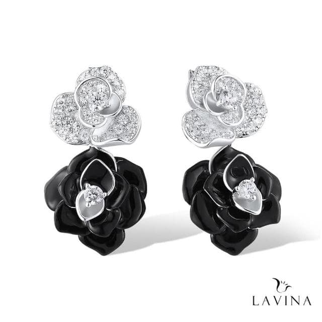 【Lavina 菈薇娜】LAVINA藝術花韻系列-華麗經典925銀滴油黑玫白鑽之美垂吊耳飾