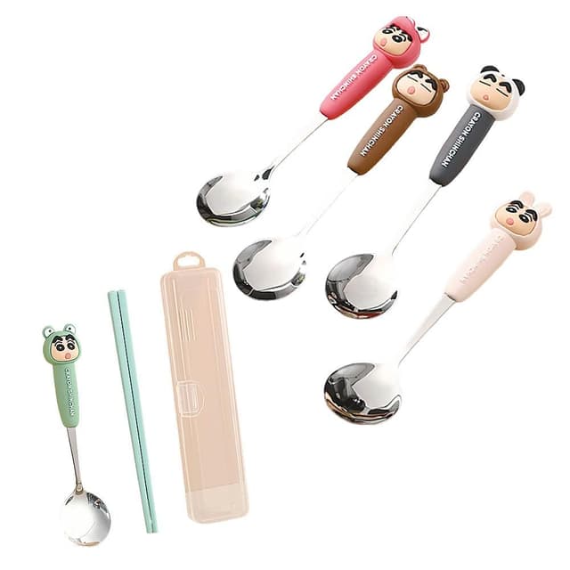 【HongXin】不銹鋼304餐具組 湯匙筷子套裝便捷餐具 卡通造型餐具 不鏽鋼湯匙 蠟筆小新餐具組