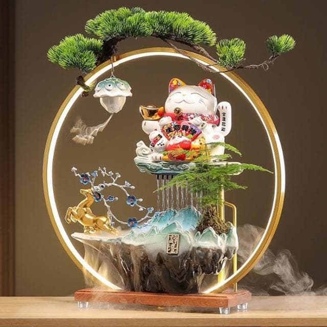 流水擺件迴圈水一鹿發財招財貓擺件開業禮物自動招手客廳前臺公司
