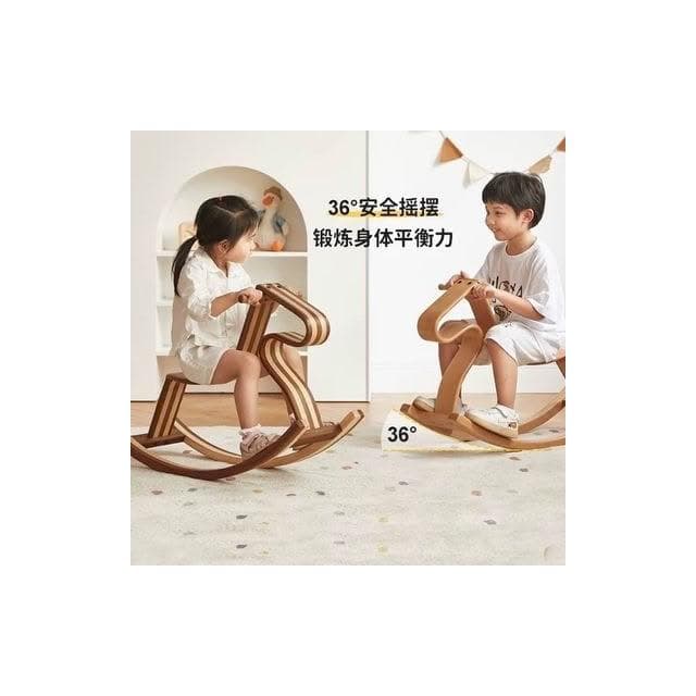 黑胡桃拼色實木兒童凳搖椅防側翻小木馬搖馬玩具一周歲生日禮物