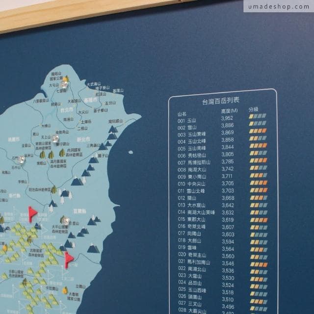 【Umade】台灣百岳地圖木框海報 峰礦藍色 小/大 附插旗地標+磁鐵地標扣 (小百岳 國家公園 牆壁裝飾 房間佈置 情侶禮物 生日禮物推薦 紀念禮物 登山紀錄)