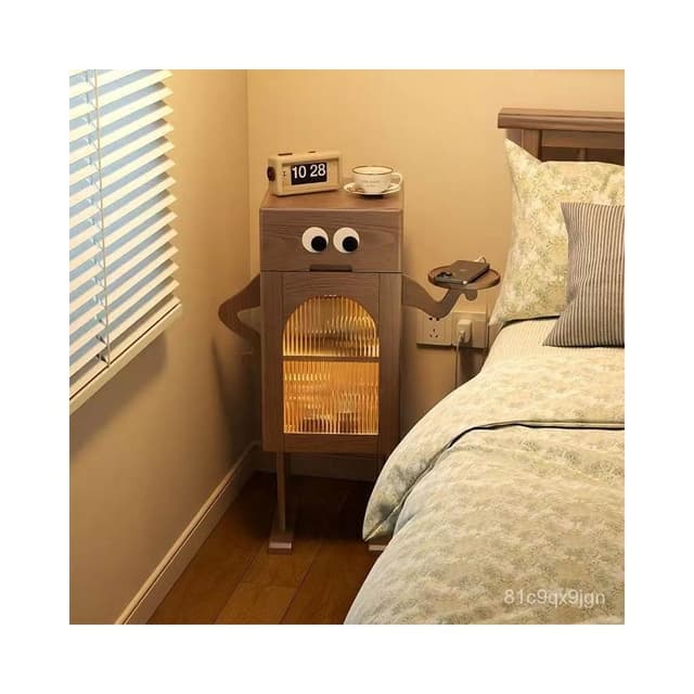 免運 創意木質家具 喬遷禮物 冬木機器人床頭櫃帶燈全實木邊幾側邊櫃客廳電視置物櫃創意床頭櫃 大眼睛叉腰床頭櫃 木邊幾