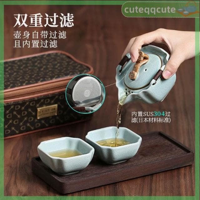 快客杯 旅行茶具 茶壺茶具 茶具套裝 露營茶具 汝窯快客杯 旅行茶具杯 一壺一杯二杯冰裂汝窯個人辦公茶具旅行便攜式茶具杯