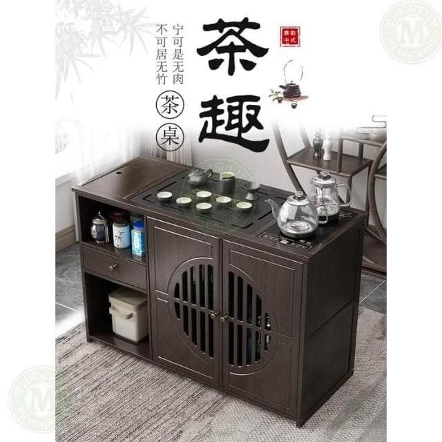 110V 移動茶桌家用小茶台實木茶車茶几茶具套裝全自動燒水壺一體茶水櫃 茶車 茶桌 泡茶桌 移動茶台 套裝 茶几