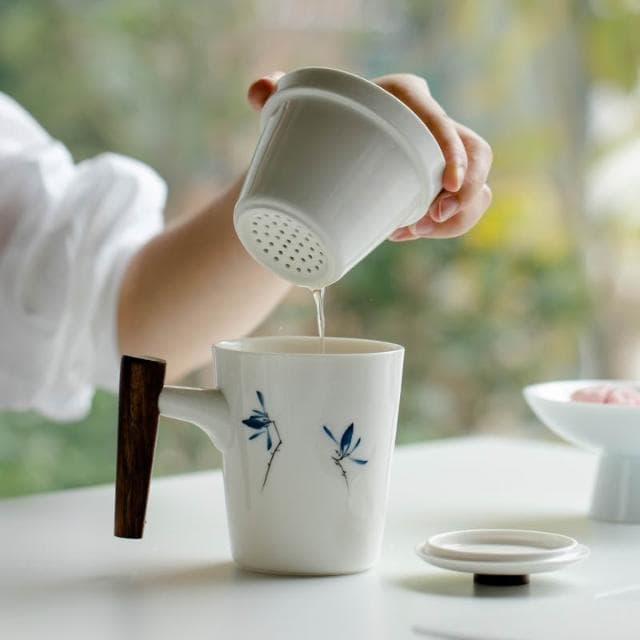 泡茶杯手繪白瓷帶蓋過濾陶瓷茶水分離辦公馬克杯水杯生日禮物