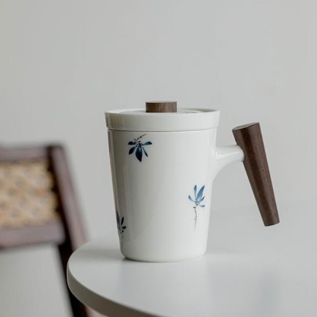 泡茶杯手繪白瓷帶蓋過濾陶瓷茶水分離辦公馬克杯水杯生日禮物