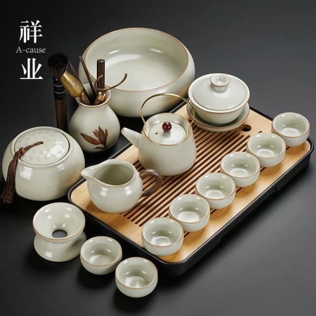 汝窯功夫茶具 陶瓷茶壺 茶杯 茶盤 輕奢高級家用喝茶茶具套裝