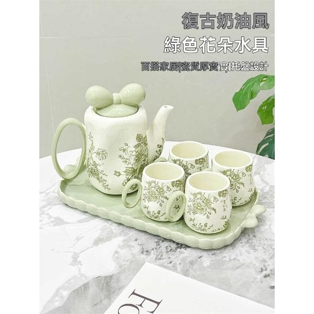 水壺套裝 奶油風陶瓷水杯套裝 家用客廳待客復古花朵水壺茶杯 喬遷結婚禮物茶杯