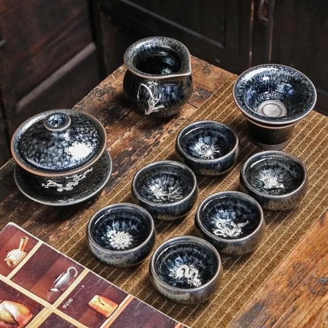 ⭐⭐台灣出貨 建盞茶具套裝家用整套茶杯茶碗茶具百花鑲銀功夫茶具套裝茶具禮盒