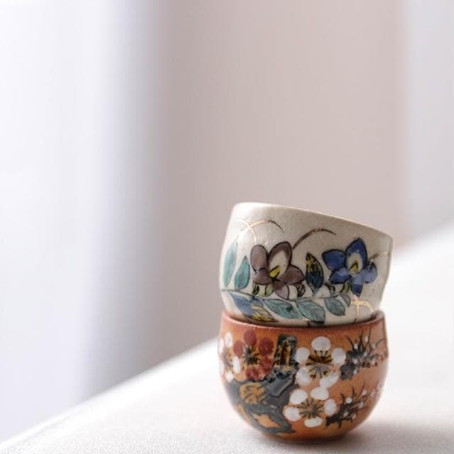 日本進口九穀燒美山窯五草花茶杯套裝 湯吞品茗杯主人杯功夫杯