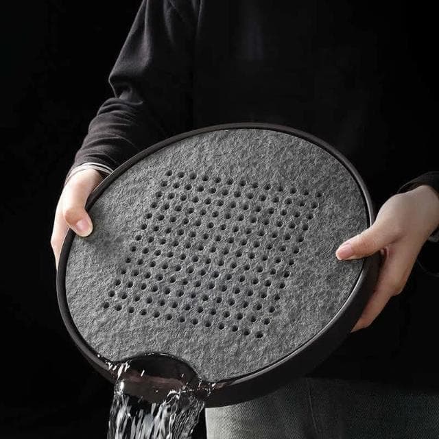 圓形儲水式烏金石紫砂 茶盤 家用陶瓷 茶具 小茶臺 蓄水茶 托盤