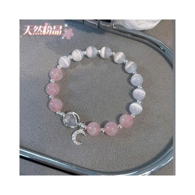【開運堂】現貨 ８ｍｍ天然粉晶 貓眼石手鍊女生招桃花小眾設計送閨蜜飾物少女心轉運珠聖誕節情人節生日禮物閨蜜情侶