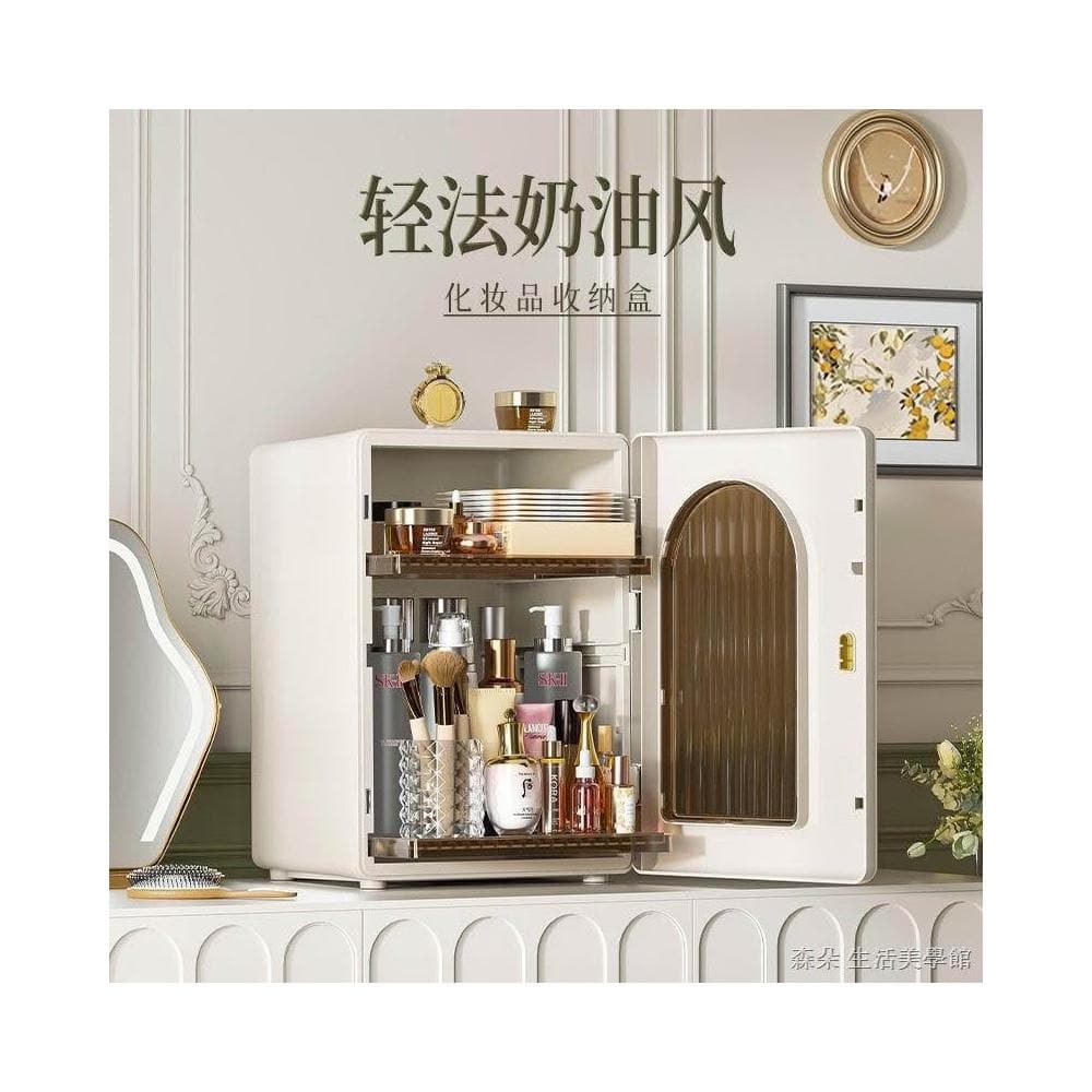 奶油風抽拉式置物架 ins桌上收納櫃白色 護膚品化妝品保養品收納櫃 防塵收納盒家用大梳妝臺桌面收納架 多功能抽屜化妝盒