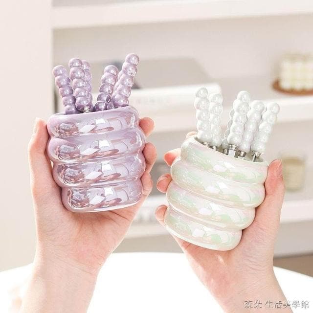 水果叉子組 點心叉 水果叉組合 水果叉組 ins風高顏值水果叉餐具不鏽鋼可愛收納罐家用水果盤叉子套裝擺件