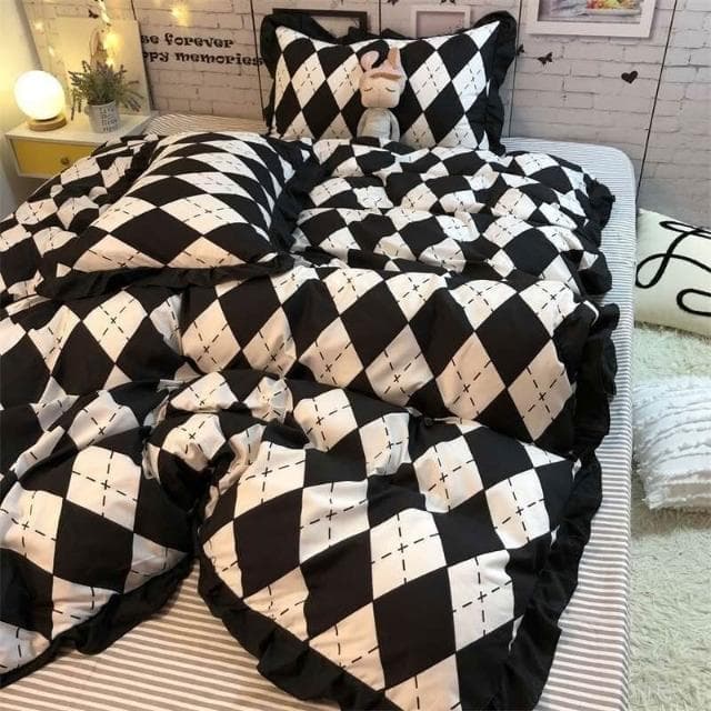 法式復古菱形格子床上用品四件套學生宿舍黑花邊被套床單冬被 被子 厚被子 被芯 保暖冬被 棉被 暖暖被 學生宿舍被褥