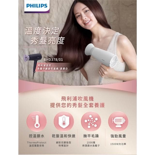 【Philips 飛利浦】Philips 飛利浦 1500W 溫控護髮 負離子 吹風機/整髮器 BHD378 晨露白