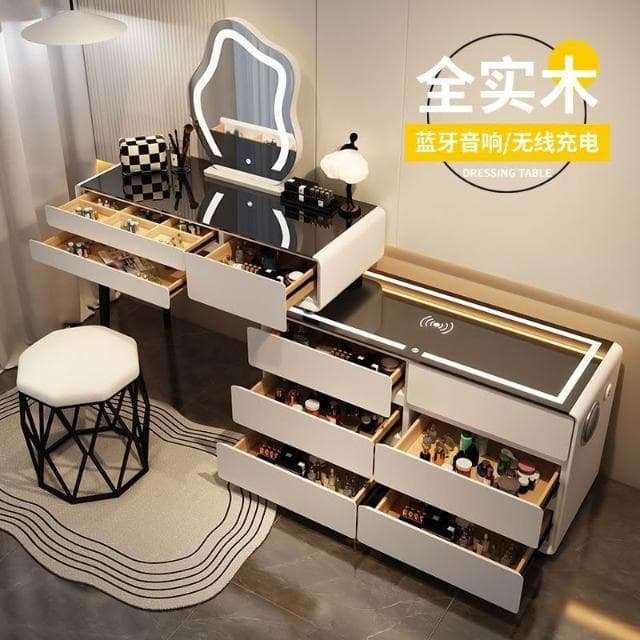 簡約高級感梳粧檯臥室化妝桌收納一體可無線充電帶藍牙音響實木