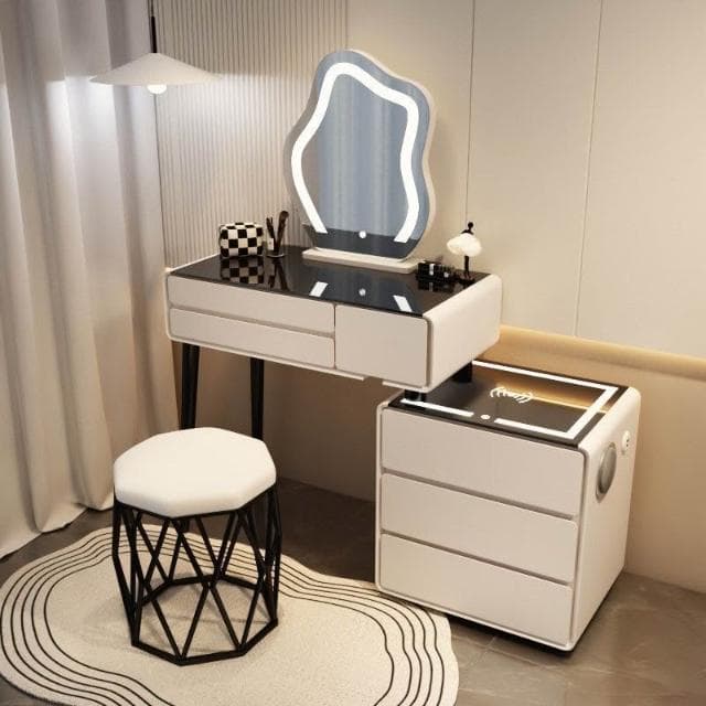 簡約高級感梳粧檯臥室化妝桌收納一體可無線充電帶藍牙音響實木