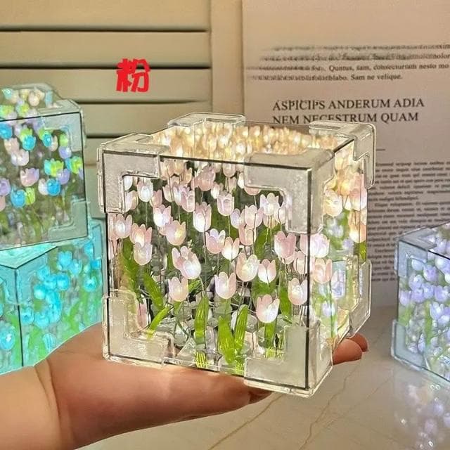 ZM DIY手作魔方鬱金香 情人節禮物 手作禮物 魔方鏡面小夜燈 生日禮物 畢業禮物 花海燈 ZM-00626