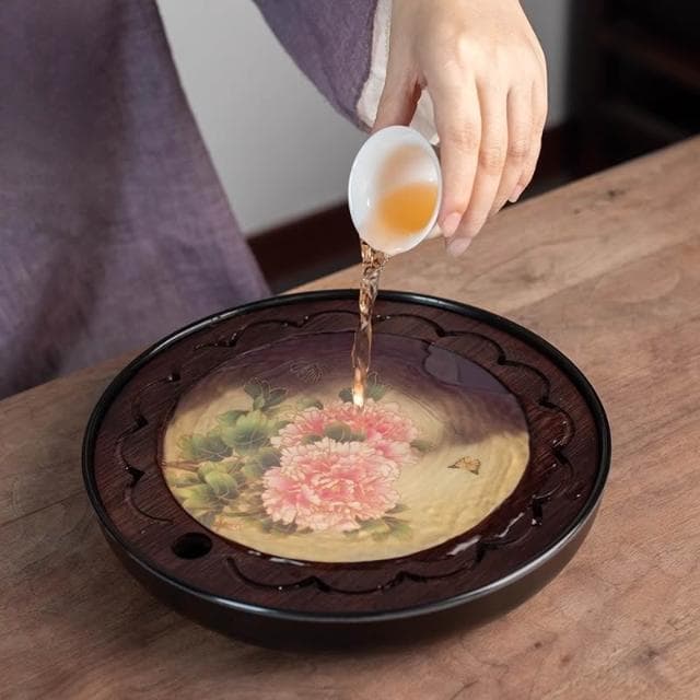 竹制茶盤瀝水高檔家用茶具簡約託盤茶海圓形儲水排水小型幹泡茶臺