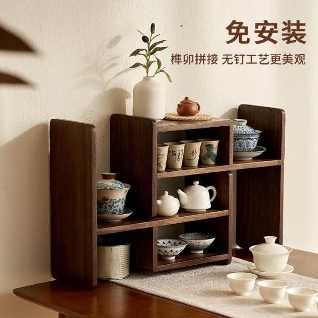 批發實木桌面置物架咖啡杯子茶具桌上博古架轉角書架餐桌收納架木