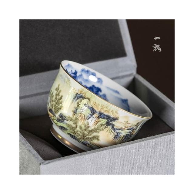 景德鎮琺瑯彩主人杯功夫茶具國風山水品茗杯青花山水茶杯單杯大號