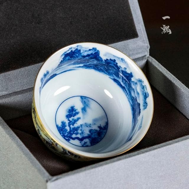 景德鎮琺瑯彩主人杯功夫茶具國風山水品茗杯青花山水茶杯單杯大號