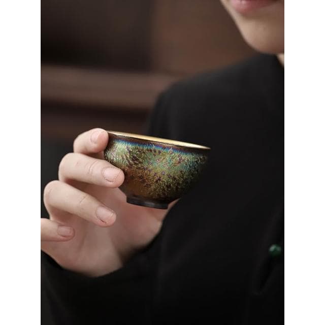 康樂品七彩建盞鎏金主人杯手工陶瓷天目釉個人專用輕奢窯變茶盞