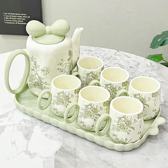 Jimi 集米 奶油風陶瓷水杯套裝 下午茶茶具 家用客廳待茶具 客復古花朵水壺茶杯茶具 喬遷新居送人禮物