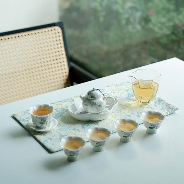 Jimi 集米 手繪鈴蘭花陶瓷套裝 功夫茶具 茶壺蓋碗花口品茗杯 主人茶杯 木盒套組 禮盒裝