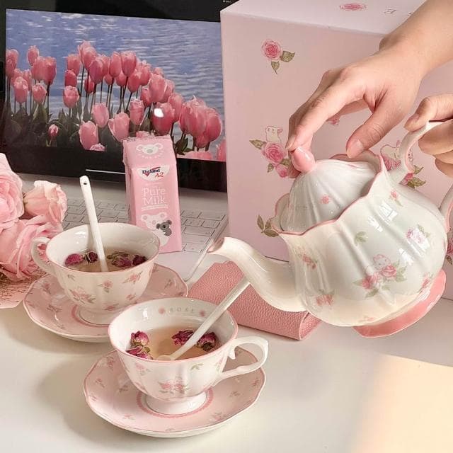 Jimi 集米 可愛粉紅玫瑰兔茶具 陶瓷茶壺組 法式下午茶杯碟茶具 伴手禮 禮盒裝