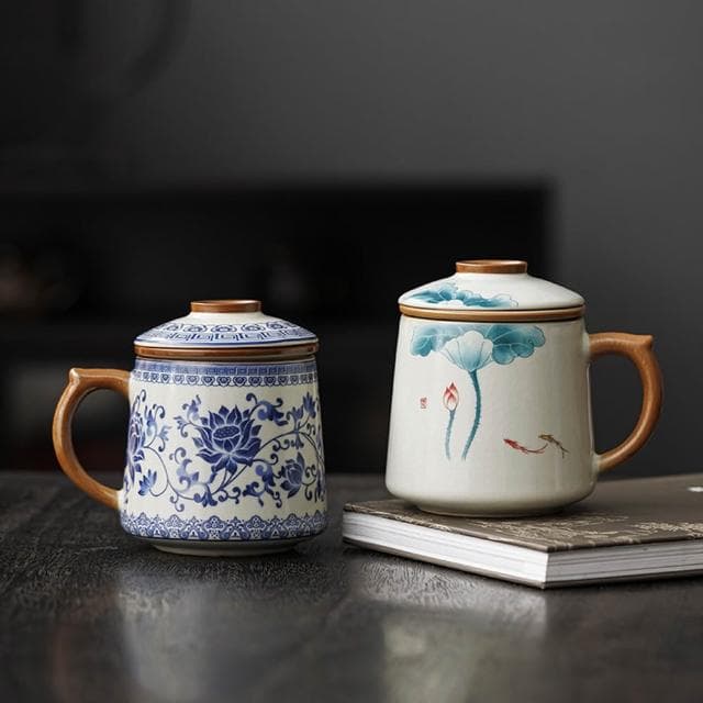 Jimi 集米 茶杯 茶水分離杯 汝窯泡茶杯 茶水分離青花瓷茶具 辦公室杯 陶瓷馬克杯