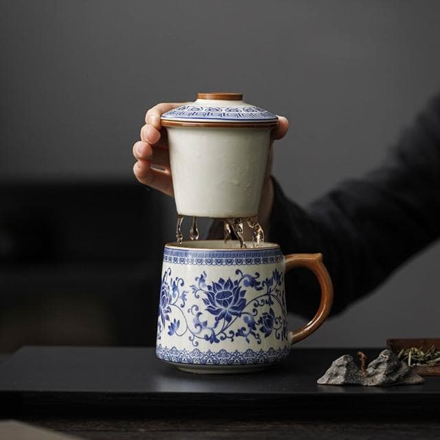 Jimi 集米 茶杯 茶水分離杯 汝窯泡茶杯 茶水分離青花瓷茶具 辦公室杯 陶瓷馬克杯